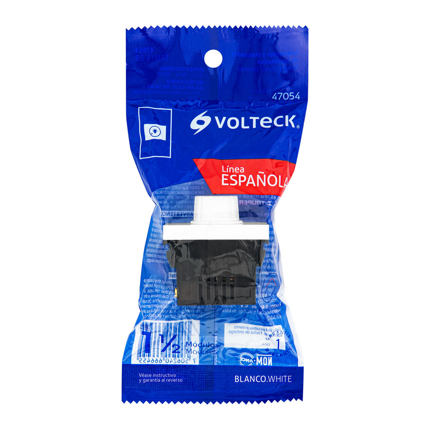 Dimmer giratorio, 1.5 módulos, línea Española, color blanco Caja con 12, 47054