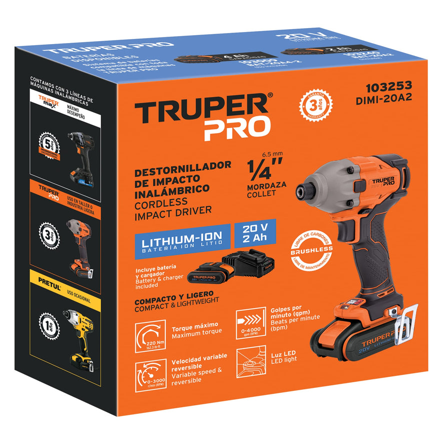 Destornillador de impacto 1/4', 20V, 1 batería 2Ah, PRO, 103253