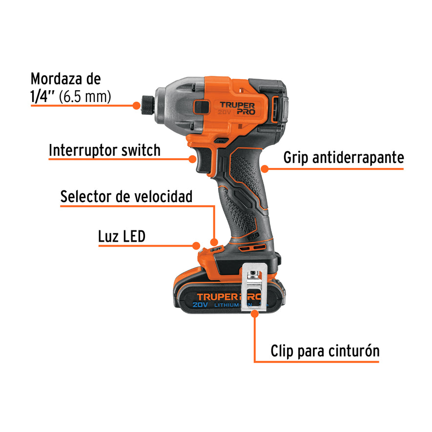 Destornillador de impacto 1/4', 20V, 1 batería 2Ah, PRO, 103253