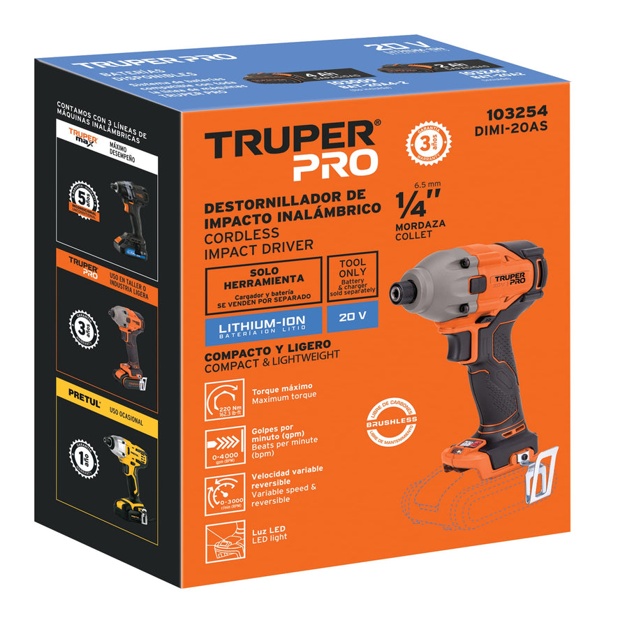Destornillador de impacto 1/4', 20V, sin accesorios, PRO, 103254
