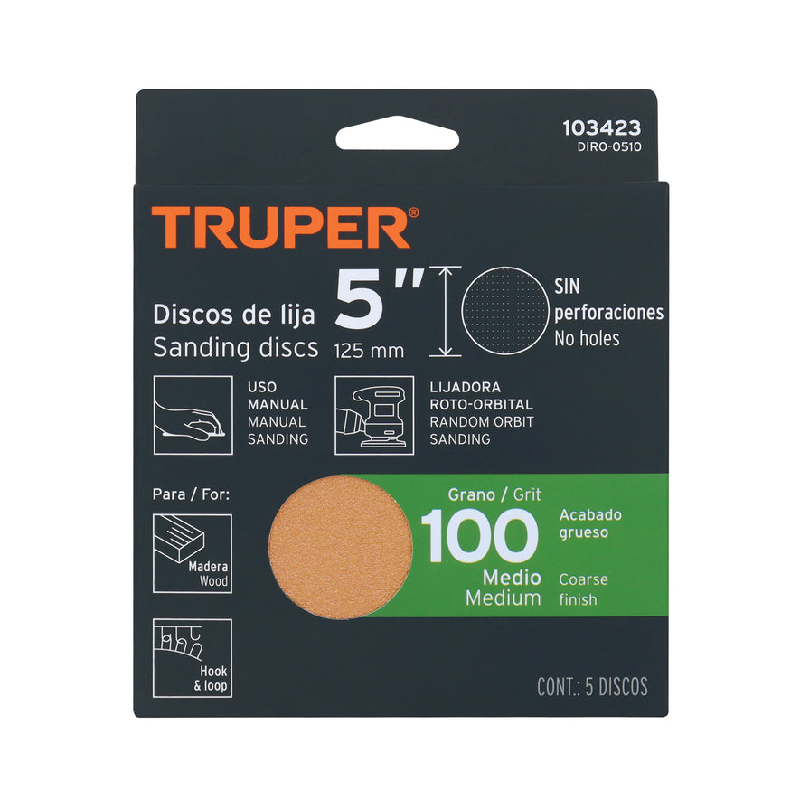 Caja 5 discos de lija p/madera 5' grano 100, velcro, s/perf. Caja con 5, 103423