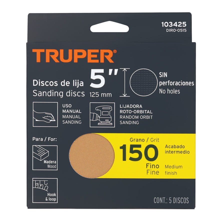 Caja 5 discos de lija p/madera 5' grano 150, velcro, s/perf. Caja con 5, 103425