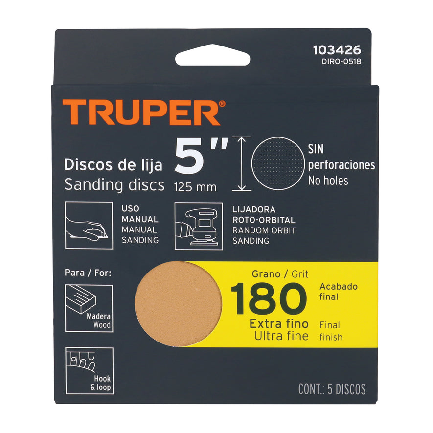 Caja 5 discos de lija p/madera 5' grano 180, velcro, s/perf. Caja con 5, 103426