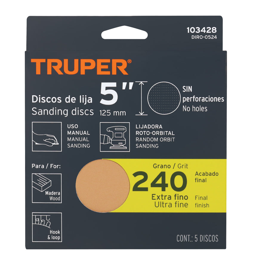 Caja 5 discos de lija p/madera 5' grano 240, velcro, s/perf. Caja con 5, 103428
