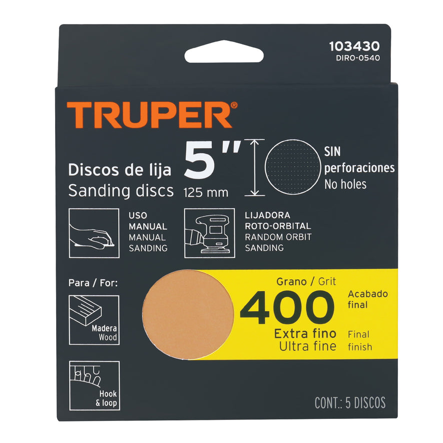 Caja 5 discos de lija p/madera 5' grano 400, velcro, s/perf. Caja con 5, 103430