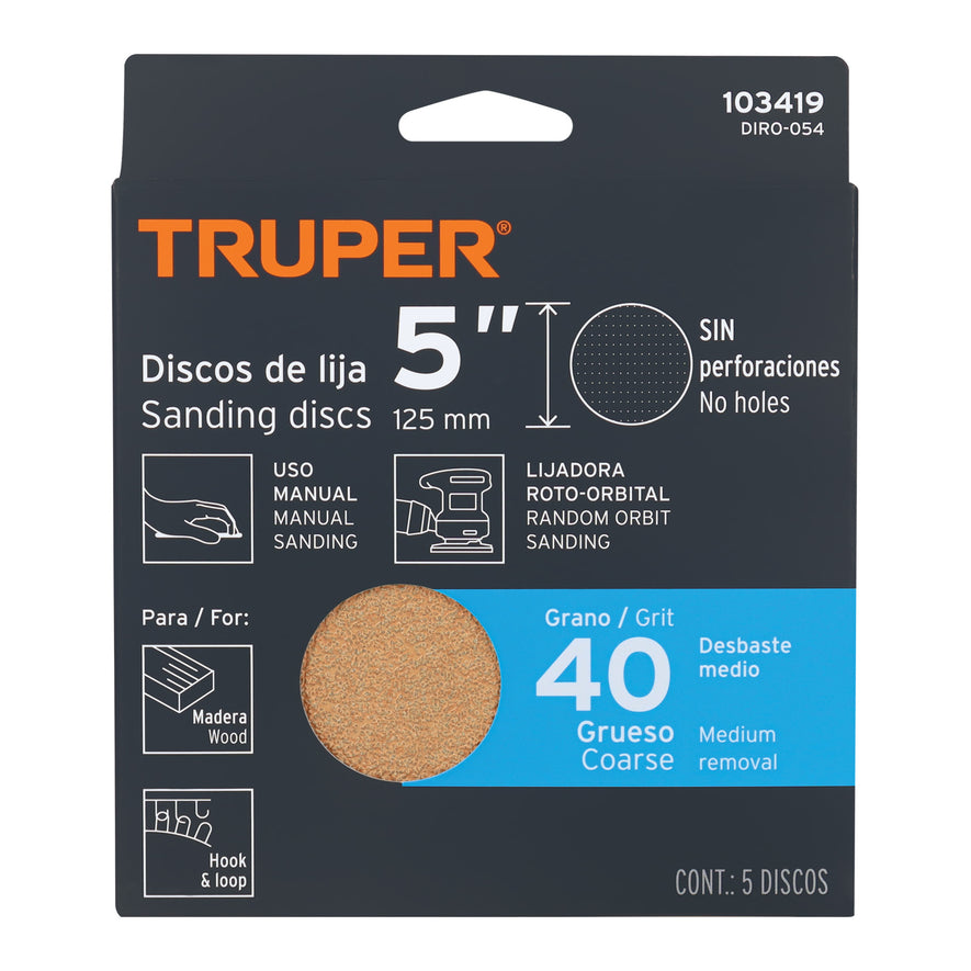 Caja 5 discos de lija p/madera 5' grano 40, velcro, s/perf. Caja con 5, 103419