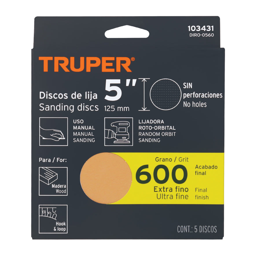 Caja 5 discos de lija p/madera 5' grano 600, velcro, s/perf. Caja con 5, 103431