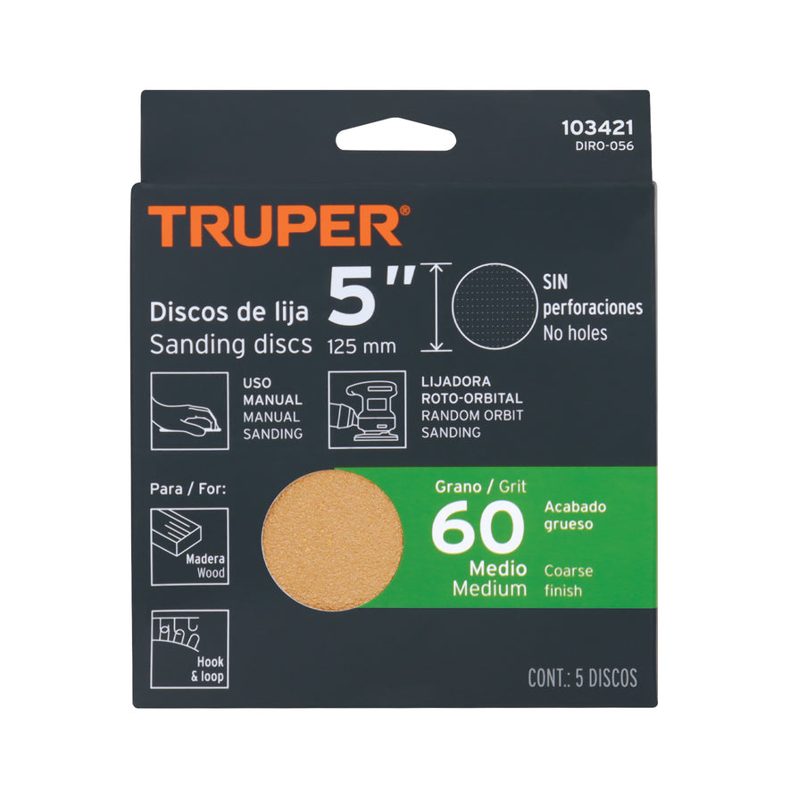 Caja 5 discos de lija p/madera 5' grano 60, velcro, s/perf. Caja con 5, 103421