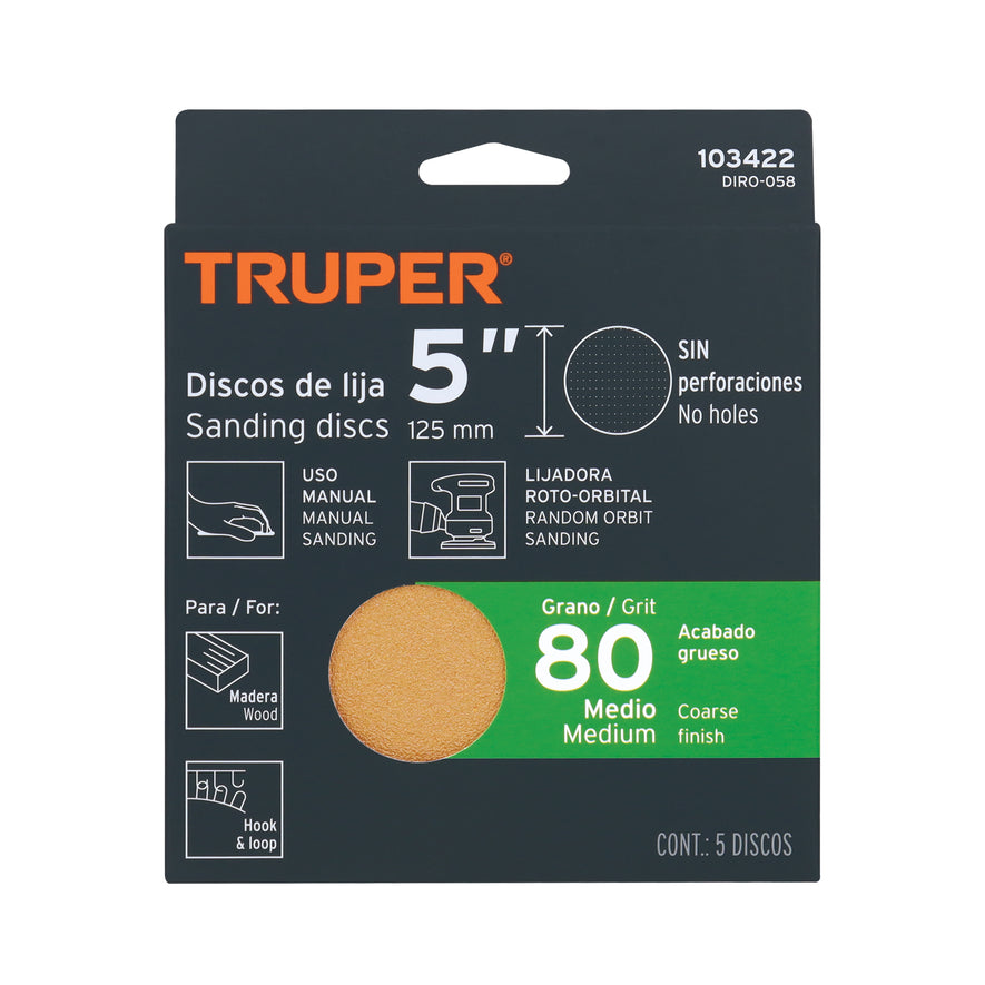 Caja 5 discos de lija p/madera 5' grano 80, velcro, s/perf. Caja con 5, 103422