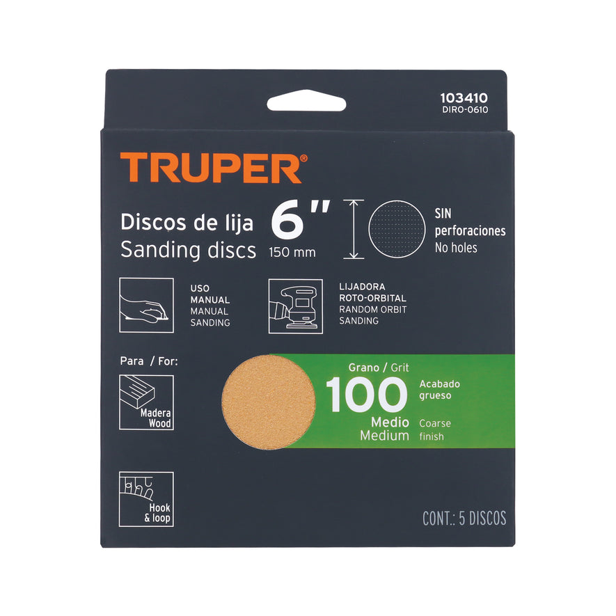 Caja 5 discos de lija p/madera 6' grano 100, velcro, s/perf. Caja con 5, 103410