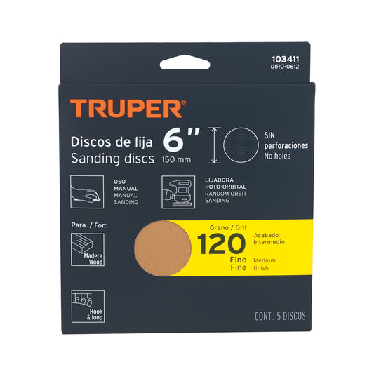 Caja 5 discos de lija p/madera 6' grano 120, velcro, s/perf. Caja con 5, 103411