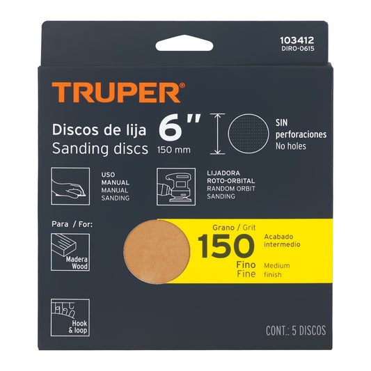 Caja 5 discos de lija p/madera 6' grano 150, velcro, s/perf. Caja con 5, 103412