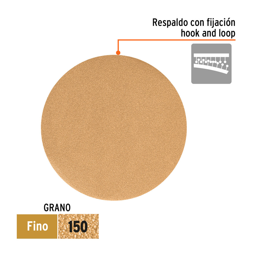 Caja 5 discos de lija p/madera 6' grano 150, velcro, s/perf. Caja con 5, 103412