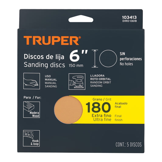 Caja 5 discos de lija p/madera 6' grano 180, velcro, s/perf. Caja con 5, 103413
