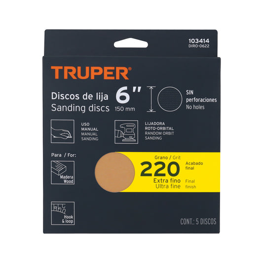 Caja 5 discos de lija p/madera 6' grano 220, velcro, s/perf. Caja con 5, 103414
