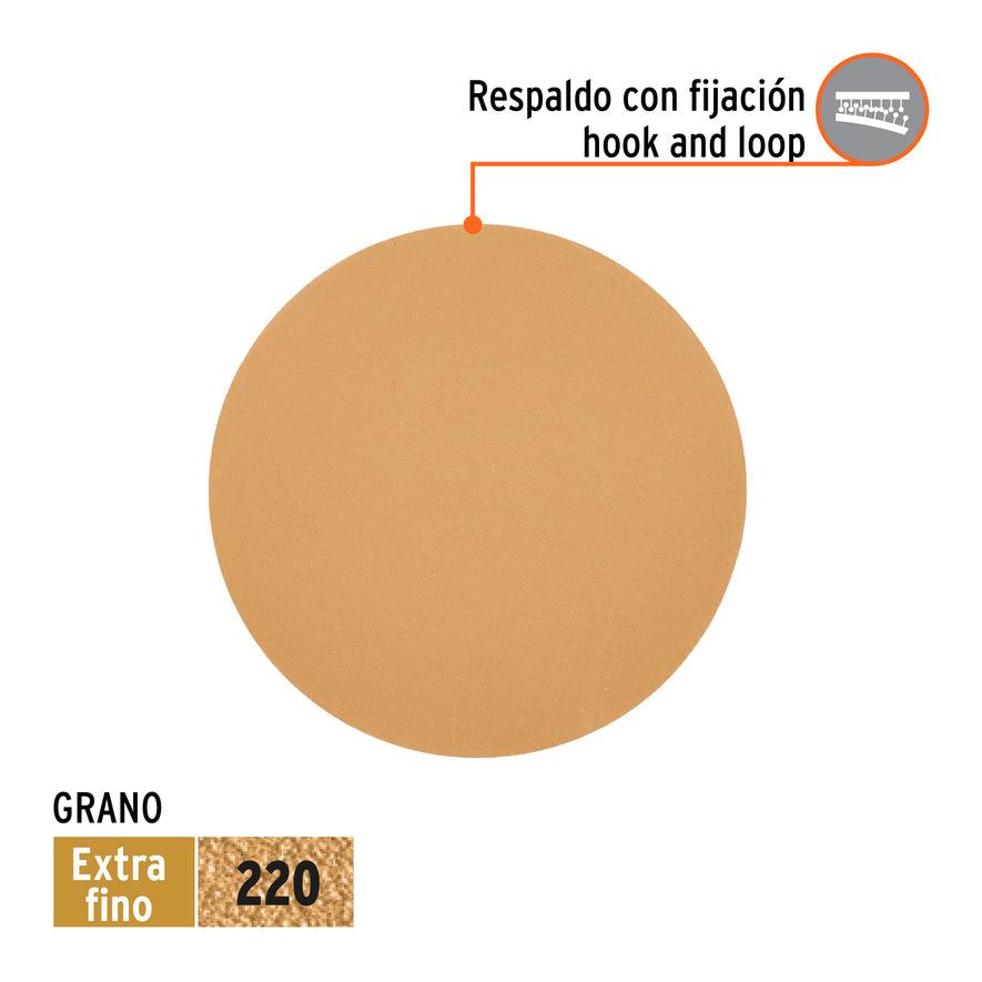 Caja 5 discos de lija p/madera 6' grano 220, velcro, s/perf. Caja con 5, 103414