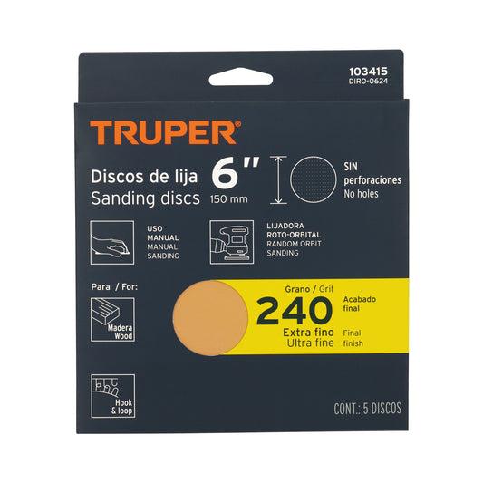 Caja 5 discos de lija p/madera 6' grano 240, velcro, s/perf. Caja con 5, 103415
