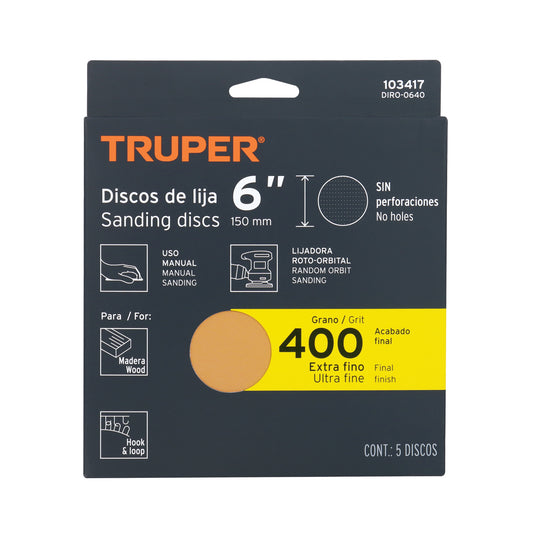 Caja 5 discos de lija p/madera 6' grano 400, velcro, s/perf. Caja con 5, 103417