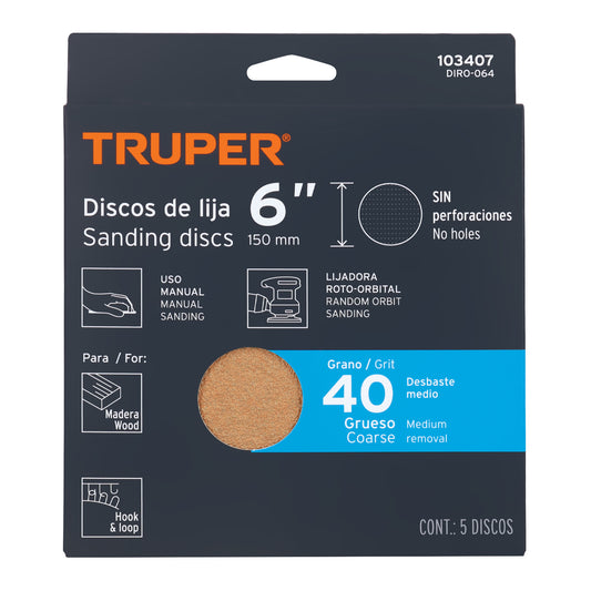 Caja 5 discos de lija p/madera 6' grano 40, velcro, s/perf. Caja con 5, 103407