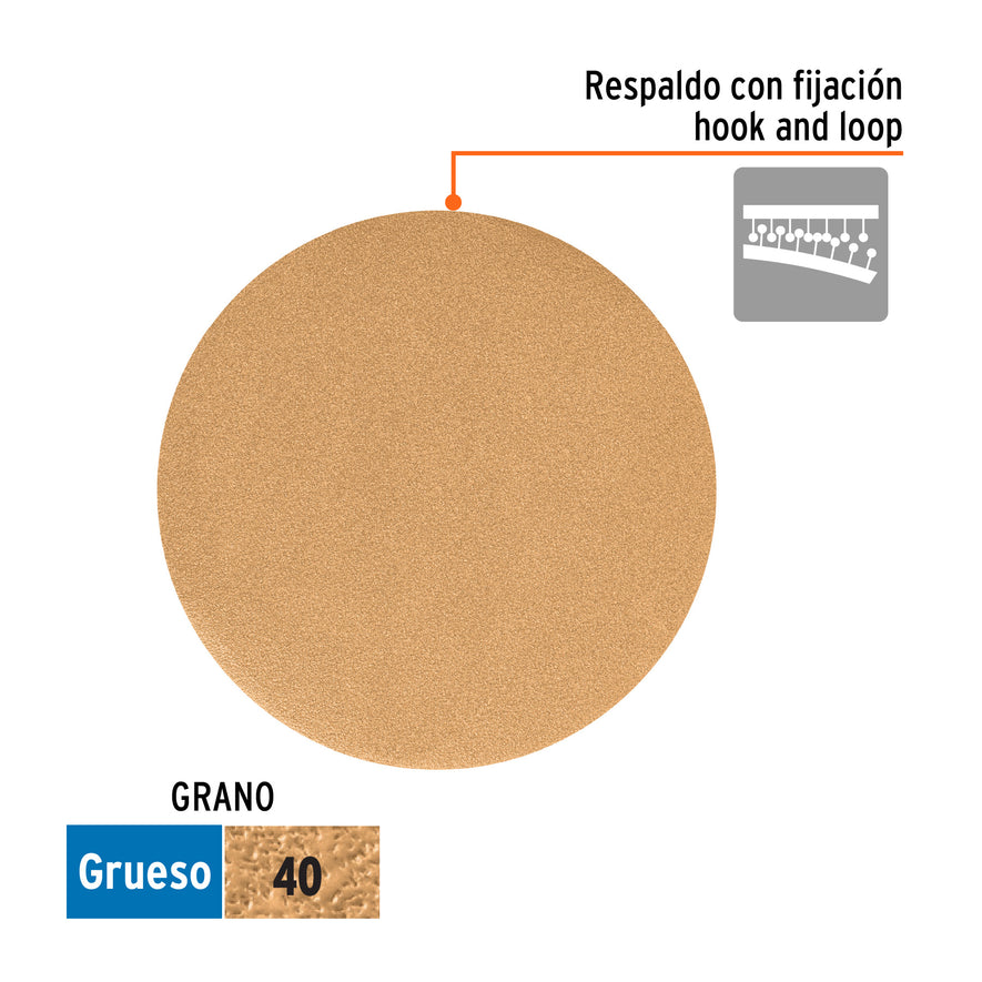 Caja 5 discos de lija p/madera 6' grano 40, velcro, s/perf. Caja con 5, 103407