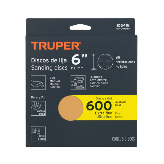 Caja 5 discos de lija p/madera 6' grano 600, velcro, s/perf. Caja con 5, 103418