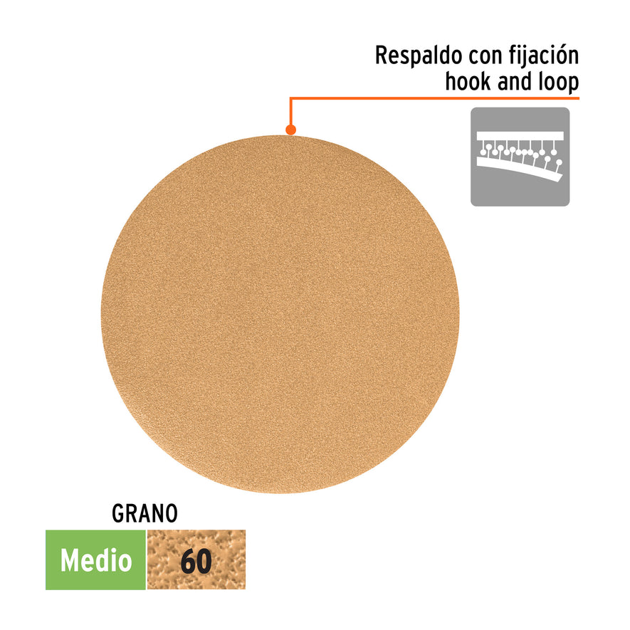 Caja 5 discos de lija p/madera 6' grano 60, velcro, s/perf. Caja con 5, 103408