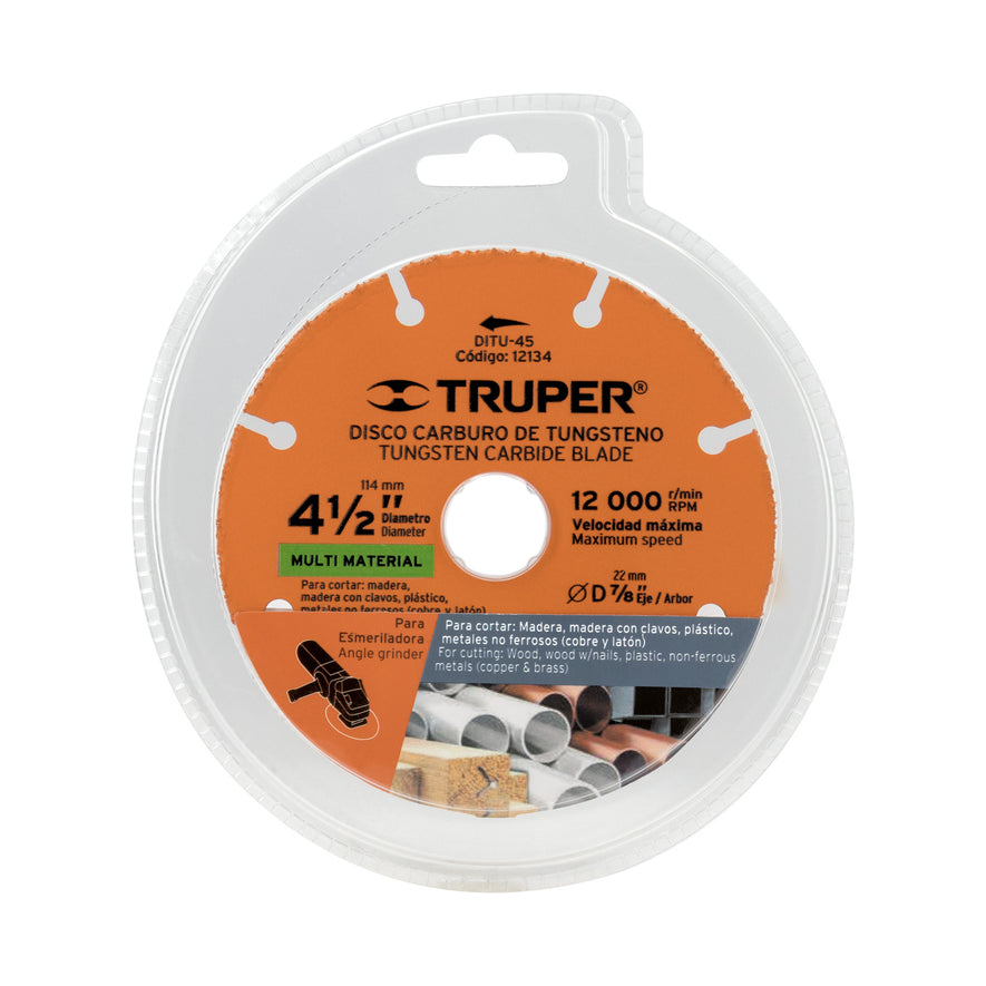 Disco 4-1/2' multimaterial de carburo de tungsteno, Truper Caja con 2, 12134