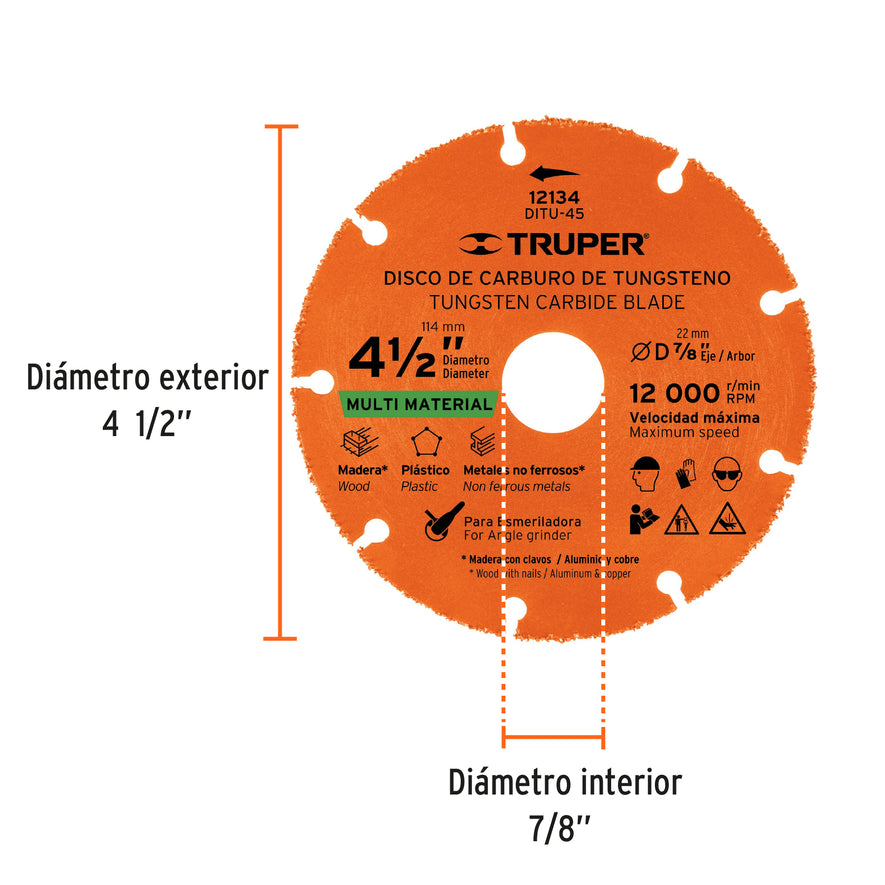 Disco 4-1/2' multimaterial de carburo de tungsteno, Truper Caja con 2, 12134