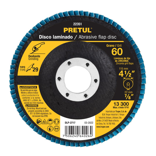 Disco 4-1/2' laminado grano 60 centro 7/8', Pretul Caja con 10, 22351