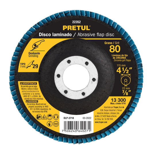 Disco 4-1/2' laminado grano 80 centro 7/8', Pretul Caja con 10, 22352