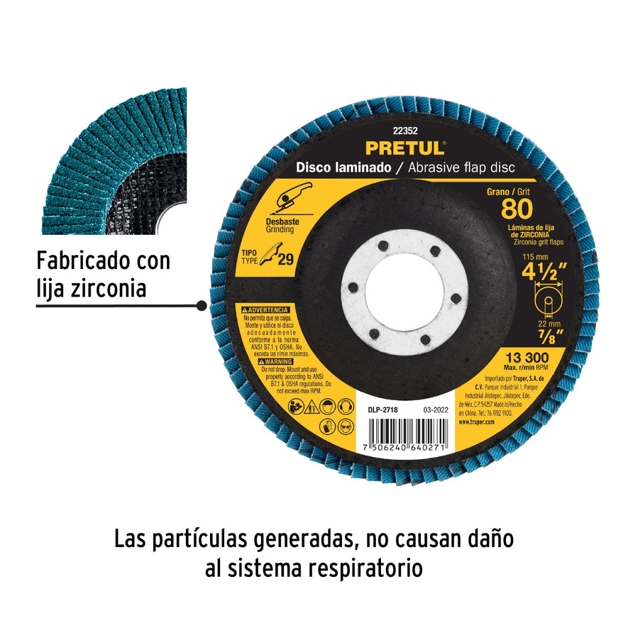 Disco 4-1/2' laminado grano 80 centro 7/8', Pretul Caja con 10, 22352