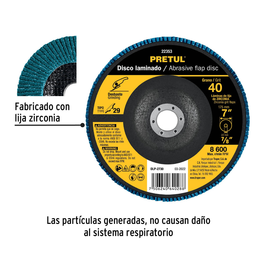 Disco 7' laminado grano 40 centro 7/8', Pretul Caja con 5, 22353
