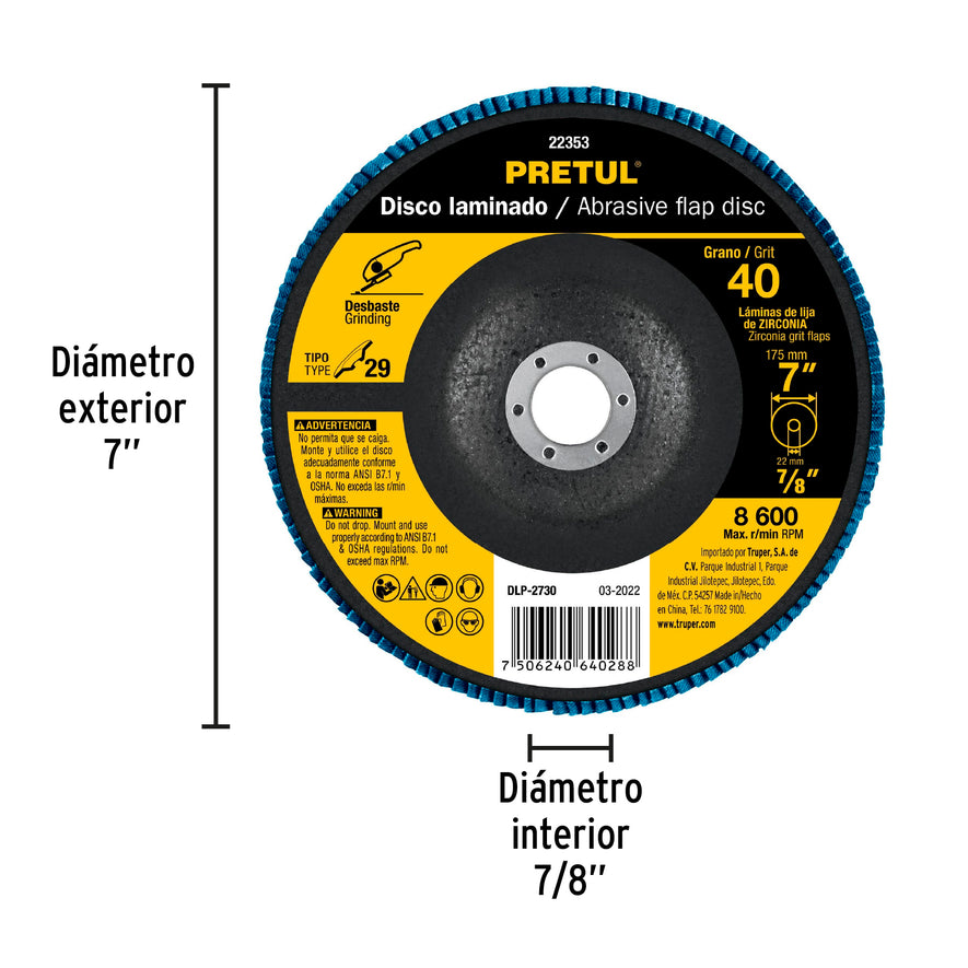 Disco 7' laminado grano 40 centro 7/8', Pretul Caja con 5, 22353
