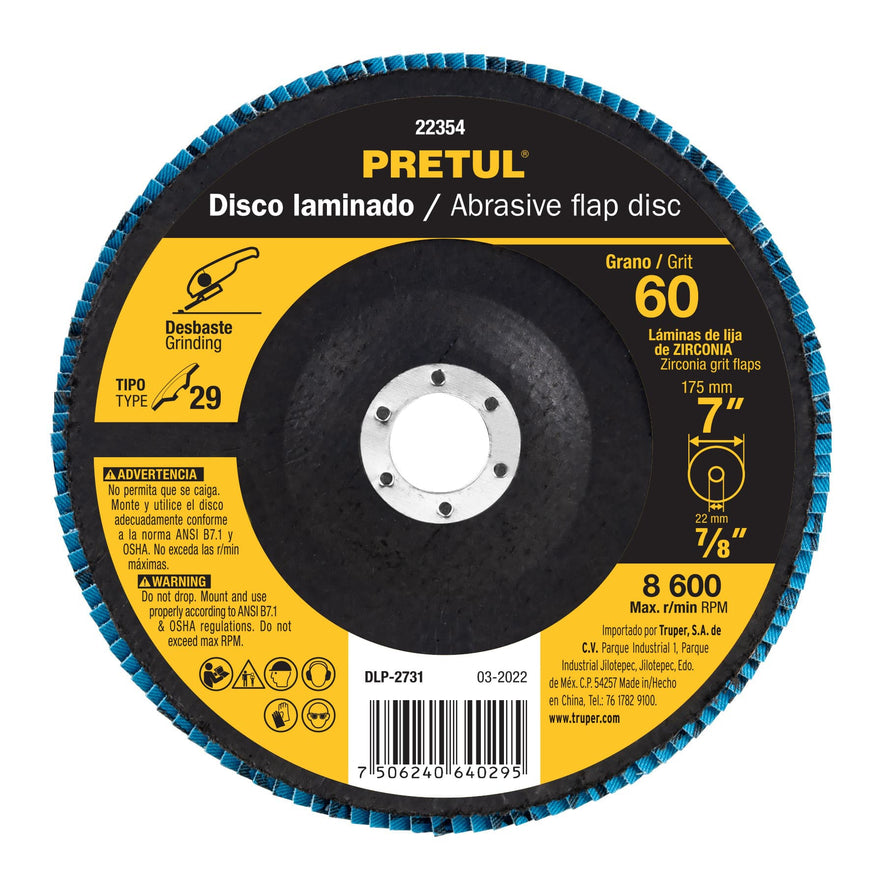 Disco 7' laminado grano 60 centro 7/8', Pretul Caja con 5, 22354