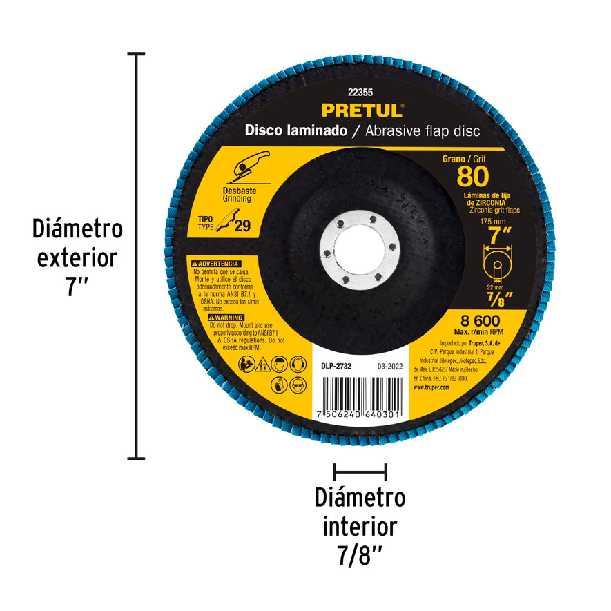 Disco 7' laminado grano 80 centro 7/8', Pretul Caja con 5, 22355