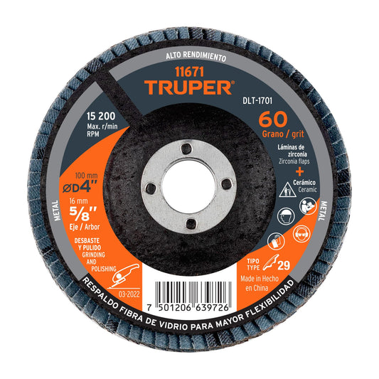 Disco laminado 4', grano 60 centro 5/8', Truper Caja con 5, 11671