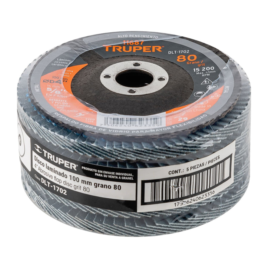 Disco laminado 4', grano 80 centro 5/8', Truper Caja con 5, 11687