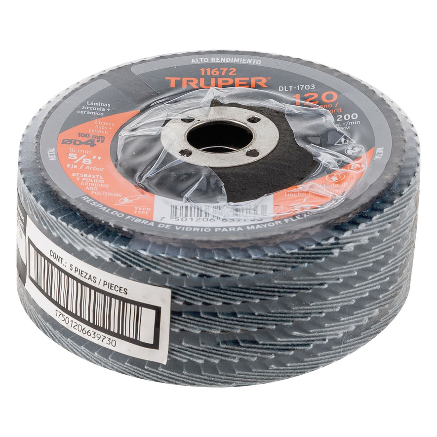 Disco laminado 4', grano 120 centro 5/8', Truper Caja con 5, 11672