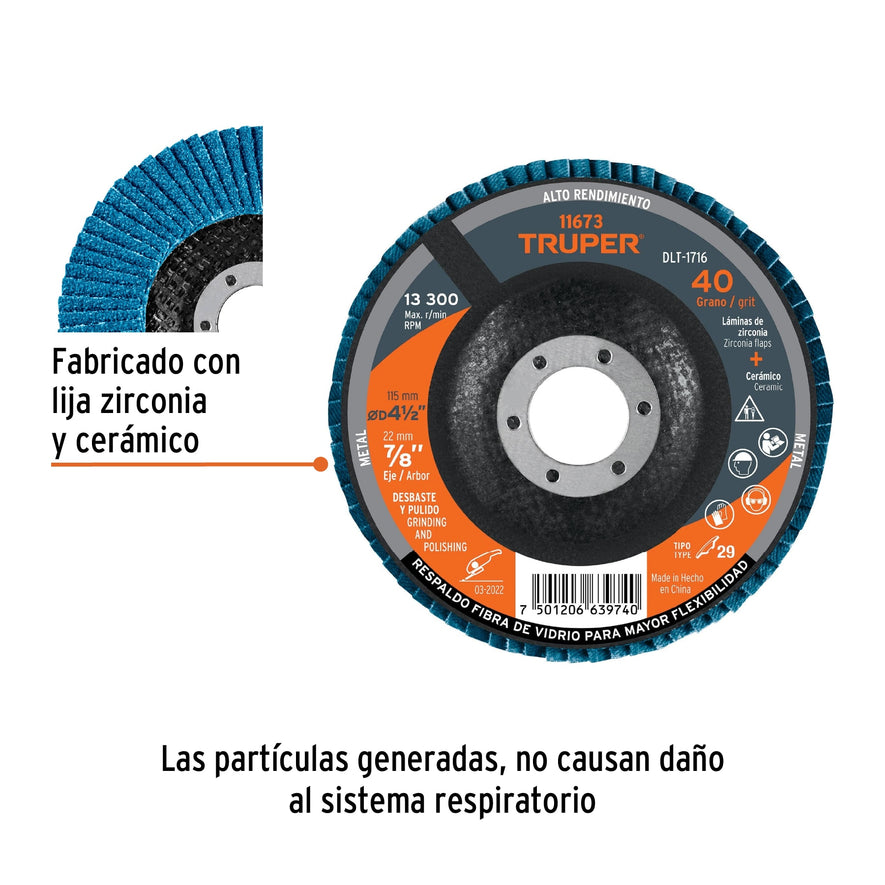Disco 4-1/2' laminado grano 40 centro 7/8', Truper Caja con 5, 11673