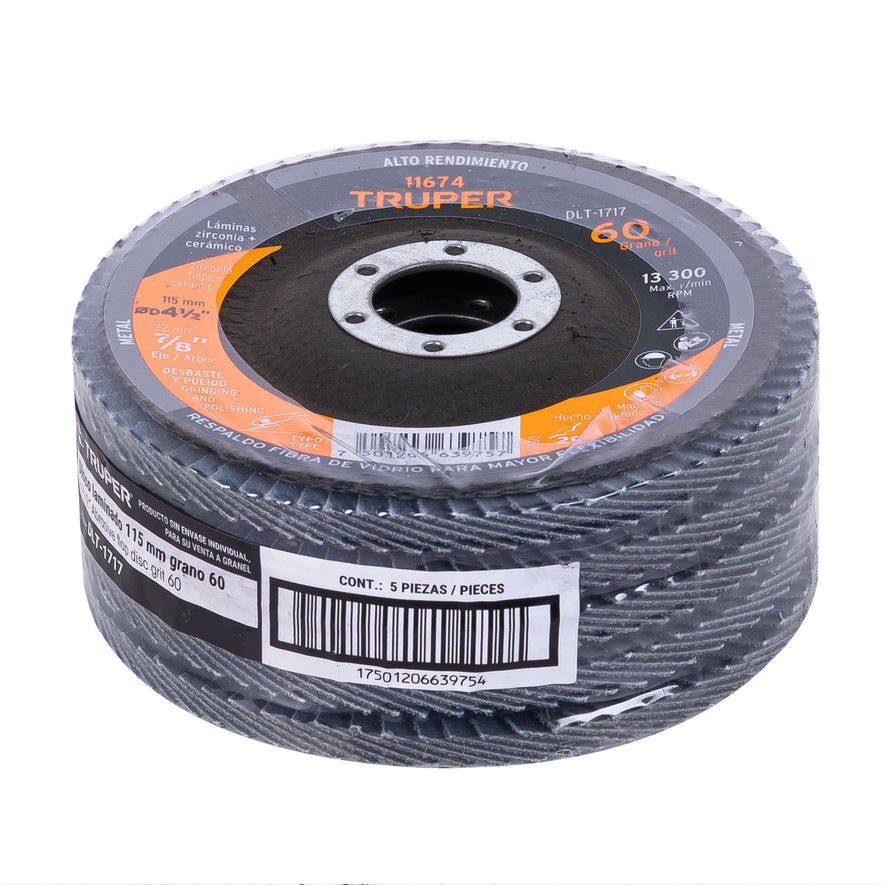 Disco 4-1/2' laminado grano 60 centro 7/8', Truper Caja con 5, 11674