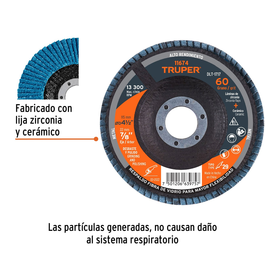 Disco 4-1/2' laminado grano 60 centro 7/8', Truper Caja con 5, 11674