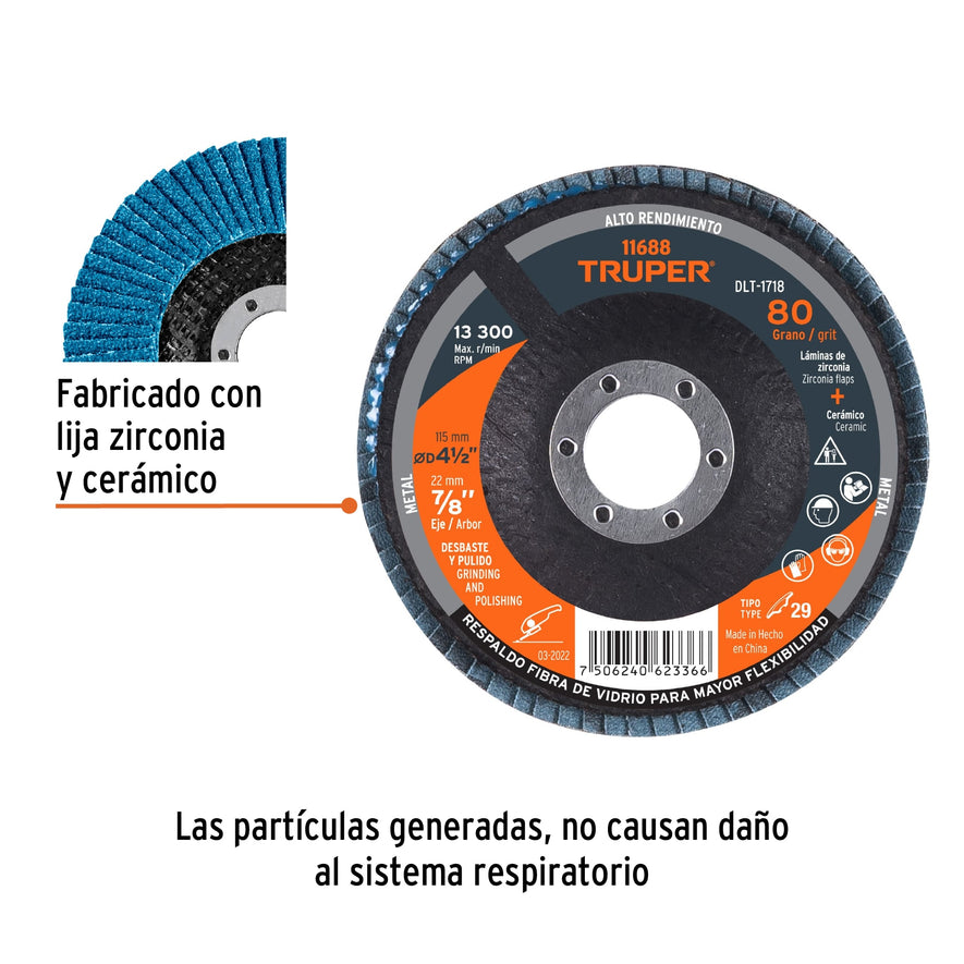 Disco 4-1/2' laminado grano 80 centro 7/8', Truper Caja con 5, 11688