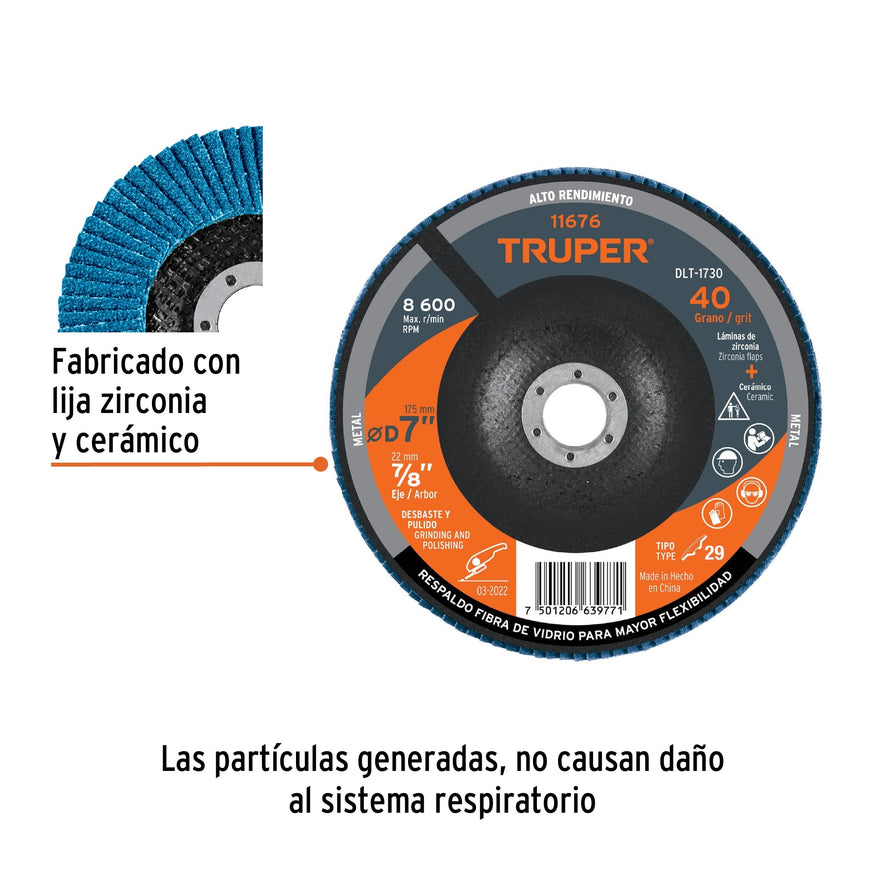 Disco 7' laminado grano 40 centro 7/8', Truper Caja con 5, 11676