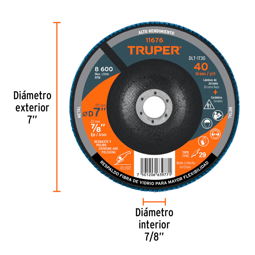 Disco 7' laminado grano 40 centro 7/8', Truper Caja con 5, 11676