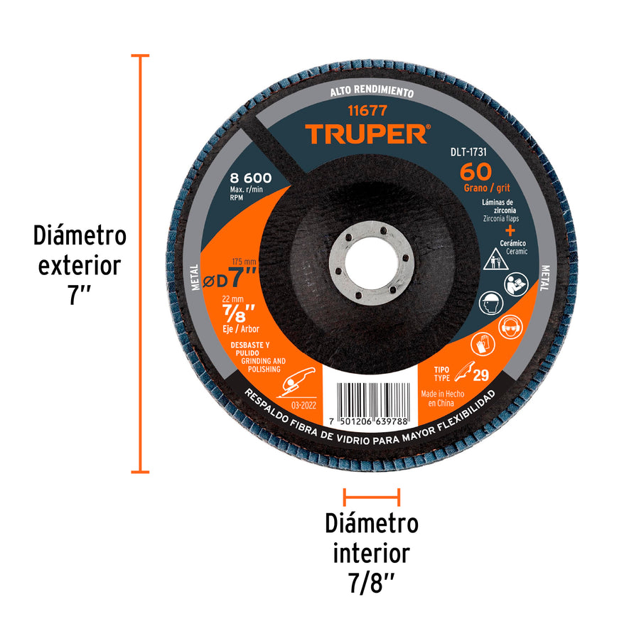 Disco 7' laminado grano 60 centro 7/8', Truper Caja con 5, 11677