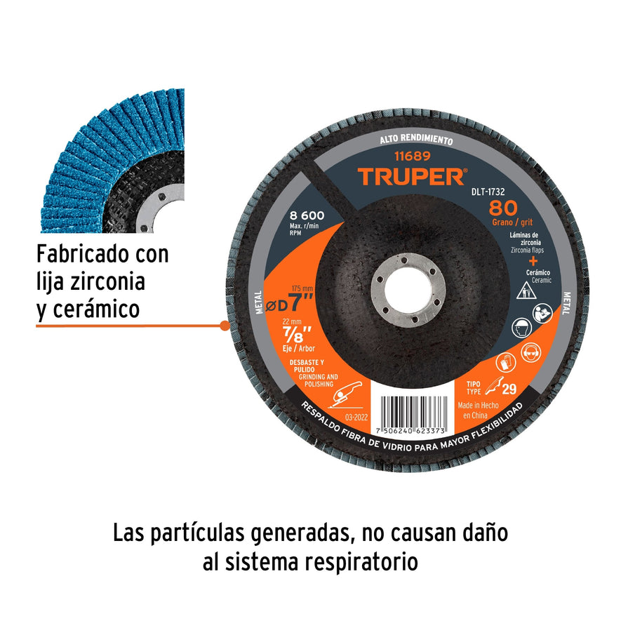 Disco 7' laminado grano 80 centro 7/8', Truper Caja con 5, 11689