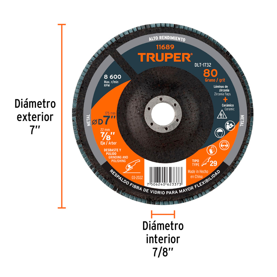 Disco 7' laminado grano 80 centro 7/8', Truper Caja con 5, 11689