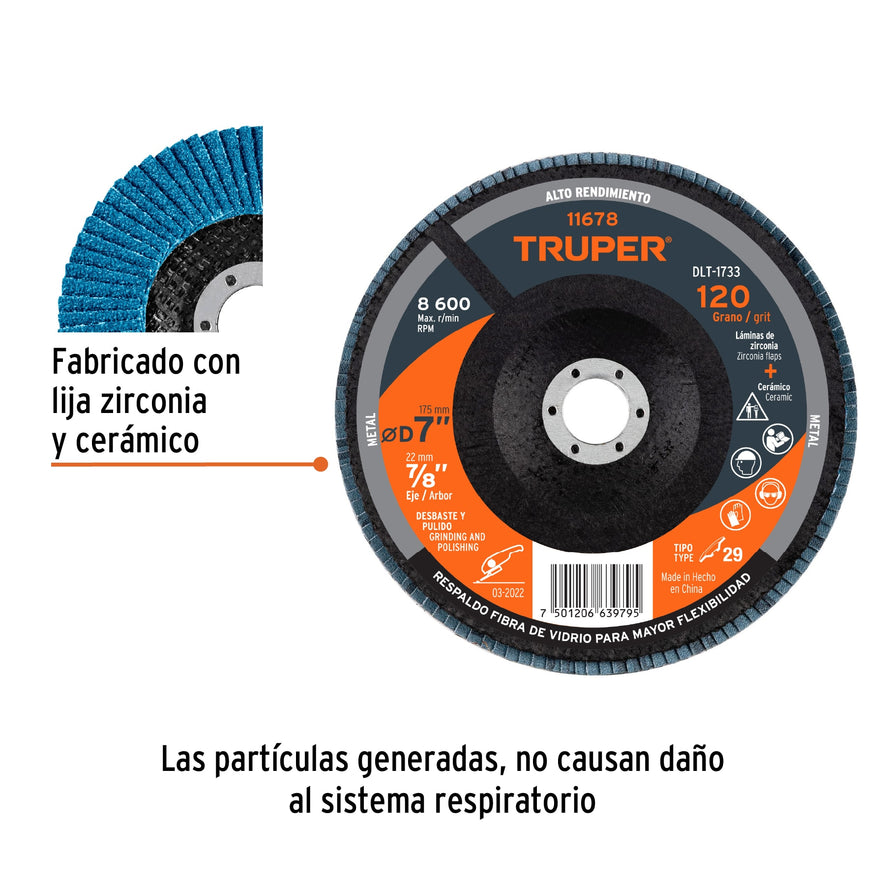 Disco 7' laminado grano 120 centro 7/8', Truper Caja con 5, 11678