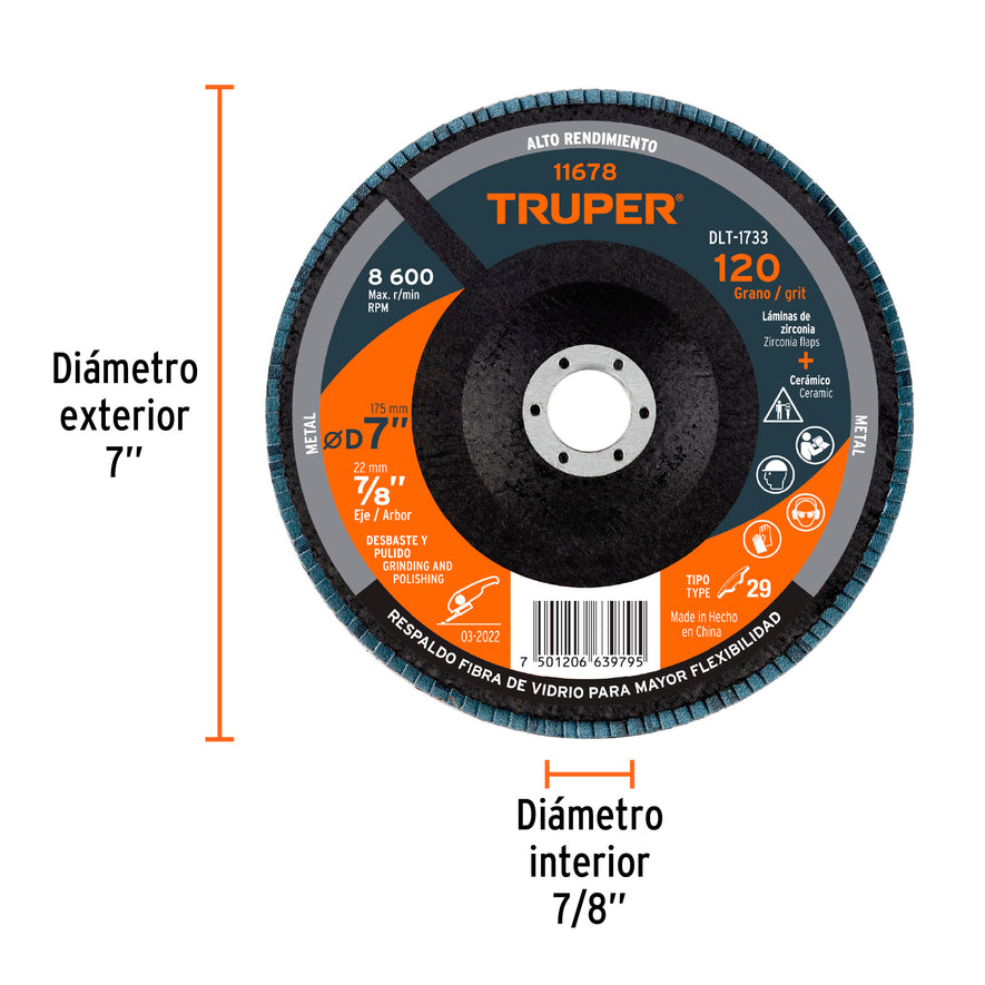 Disco 7' laminado grano 120 centro 7/8', Truper Caja con 5, 11678