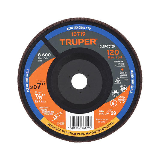 Disco 7' laminado respaldo plástico grano 120 centro 7/8' Caja con 5, 15719